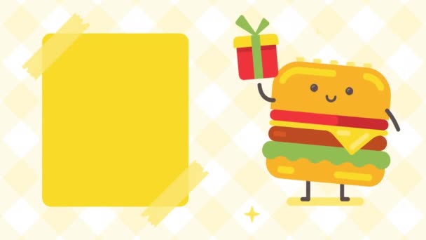 Pusty Baner Postać Hamburgera Pudełkiem Prezentów Animacja Pętlowa — Wideo stockowe