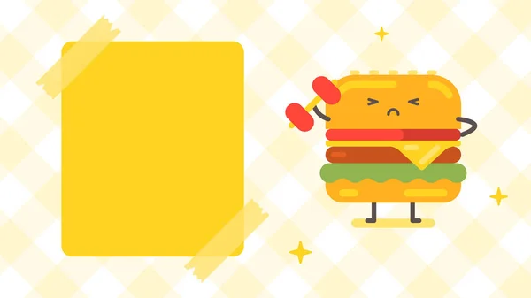 Empty Banner Hamburger Character Holding Dumbbell Funny Character Vector Illustration — Stock Vector