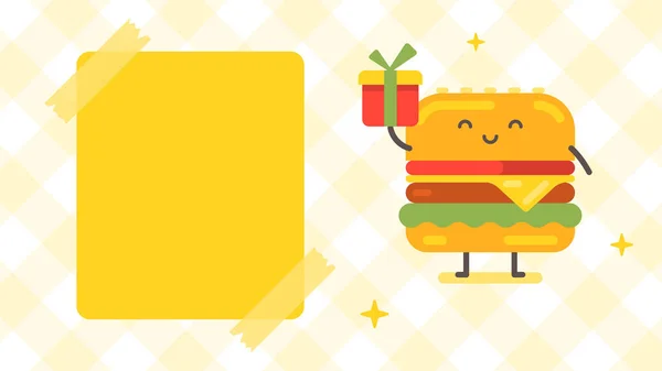 Empty Banner Hamburger Character Holding Gift Box Funny Character Vector — Stock Vector