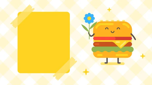 Empty Banner Hamburger Character Holding Flower Funny Character Vector Illustration — Stock Vector