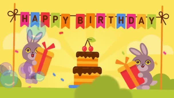 Happy Birthday Composition Two Rabbits Cake Option One Greeting Video — Stock Video