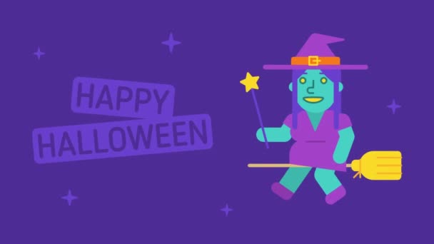 Zusammensetzung Happy Halloween Cute Hexe Fliegt Auf Besen Und Hält — Stockvideo