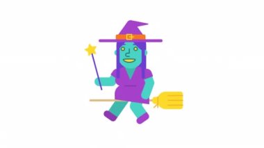 Tatlı cadı süpürgeyle uçuyor ve sihirli değneği tutuyor. Alfa kanalı. Döngülü canlandırma