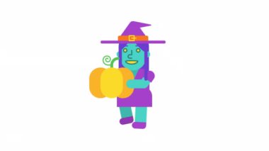 Tatlı cadı yürüyor ve elinde balkabağı tutuyor. Alfa kanalı. Döngülü canlandırma