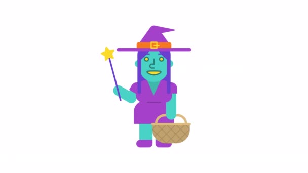 Cute Witch Holding Basket Magic Wand Alpha Channel Looped Animation — Stock Video