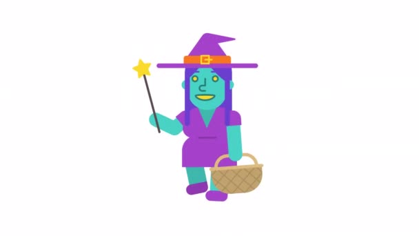 Cute Witch Walks Holding Basket Holding Magic Wand Alpha Channel — Stock Video