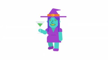 Cadı yürüyüşü cam tutar ve gülümser. Alfa kanalı. Döngülü canlandırma