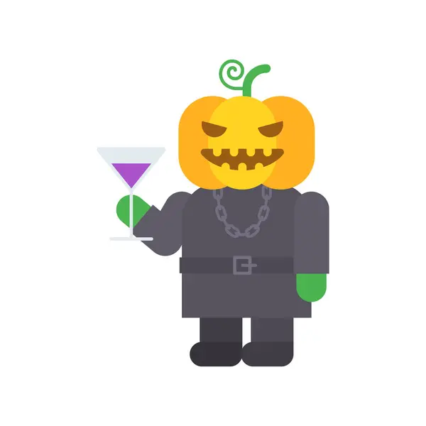 Pumpkin three quarters holding glass and smiles. Vector Illustration — Illustration Pumpkin Three Quarters Holding Glass Smiles Vector Illustration — Stock Vector