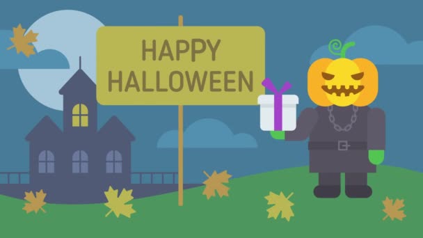 Feliz Halloween Composição Abóbora Segurando Caixa Presente Sorrisos Saudação Placa — Vídeo de Stock