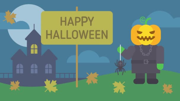 Feliz Halloween Composição Abóbora Segurando Aranha Web Sorrisos Saudação Placa — Vídeo de Stock