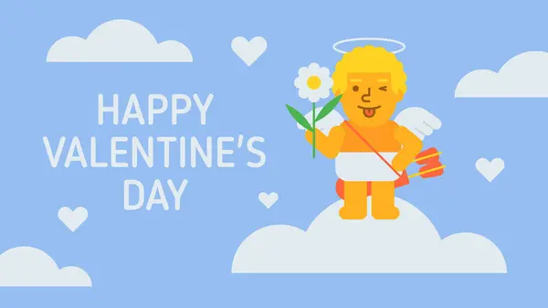 Feliz Dia Dos Namorados Composição Cupido Segurando Flor Piscando Ilustração — Vetor de Stock