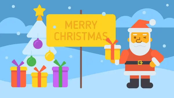 Merry Christmas Composition Santa Holding Gift Box Winking Vector Illustration — Stock Vector