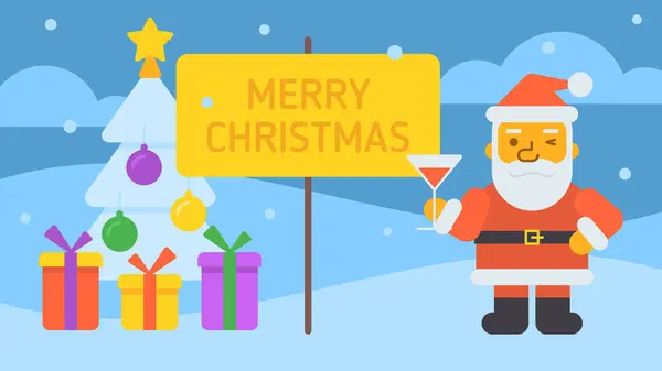 Καλά Χριστούγεννα Σύνθεση Άγιος Βασίλης Κρατώντας Γυαλί Και Κλείσιμο Του — Διανυσματικό Αρχείο