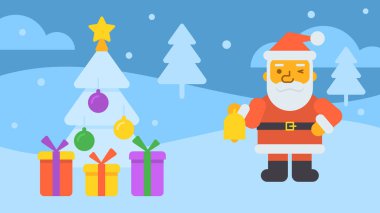 Mutlu Noel kompozisyonu Noel ağacı Noel Baba 'nın zili çalıyor. Vektör İllüstrasyonu