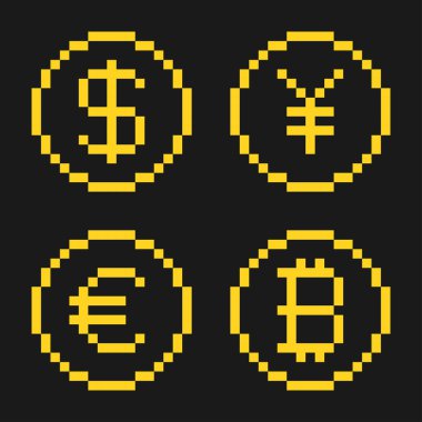 Dolar yen euro bitcoin piksel simgeleri. Vektör İllüstrasyonu