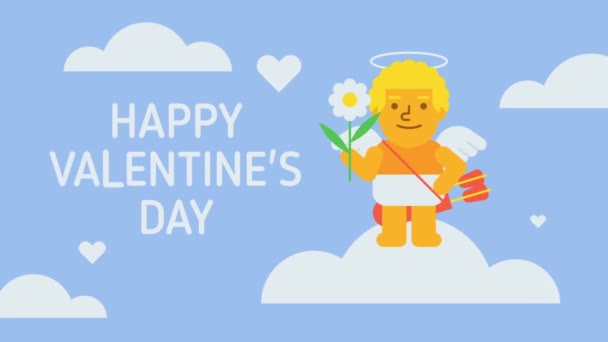 Buon San Valentino Composizione Cupido Tenuta Fiore Ammiccante Scheda Video — Video Stock