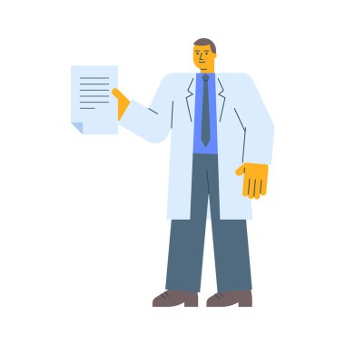 Bornozlu doktor belgeleri tutuyor ve gülümsüyor. Vektör İllüstrasyonu