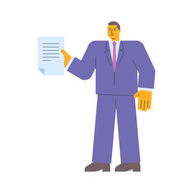 Elinde belge tutan ve gülümseyen bir iş adamı. Vektör İllüstrasyonu