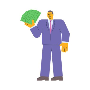 Beş banknot tutan ve gülümseyen bir iş adamı. Vektör İllüstrasyonu