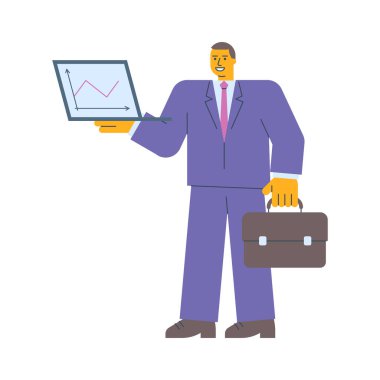 Dizüstü bilgisayarlı bir iş adamı bavulu tutuyor. Vektör İllüstrasyonu