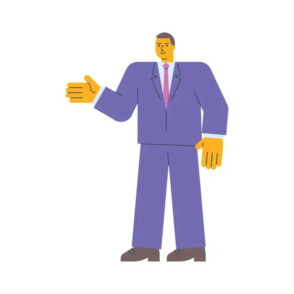 Businessman Points Hand Smiles Vector Illustration — Stock Vector
