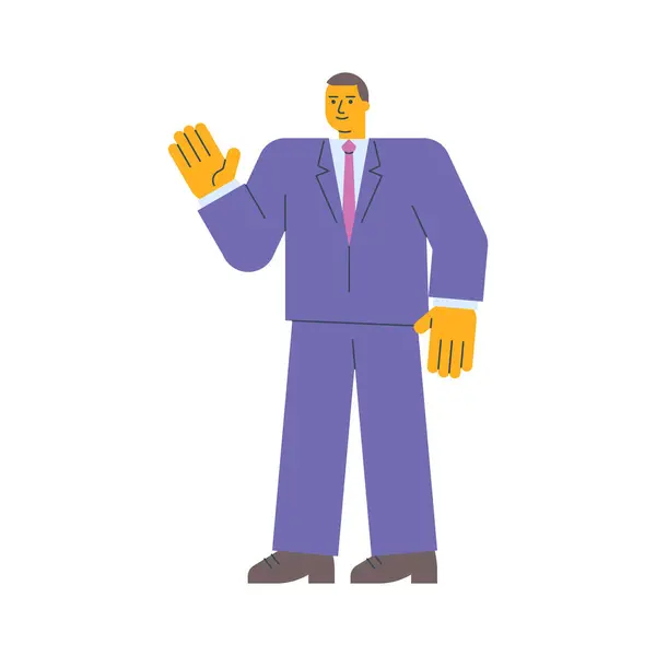 Businessman Waves Hand Smiles Vector Illustration — Stock Vector