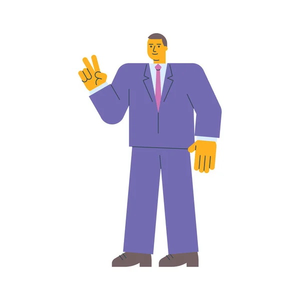 Businessman Shows Two Fingers Gesture Smiles Vector Illustration — Stock Vector