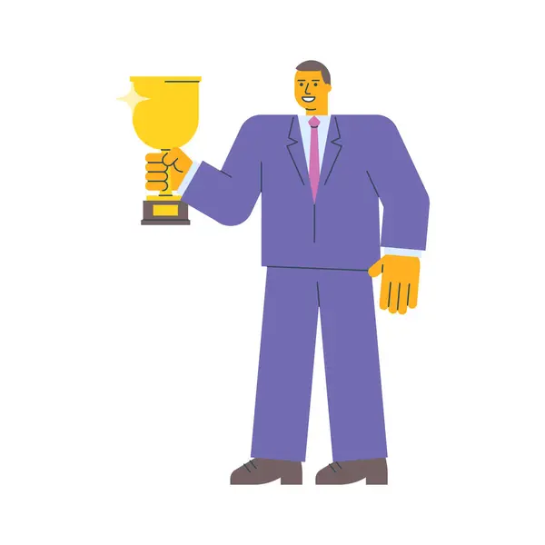 Бізнесмен Тримає Золоту Чашку Посміхається Векторна Ілюстрація Векторна Графіка