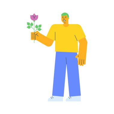 Çiçek tutan ve gülümseyen genç adam. Vektör İllüstrasyonu