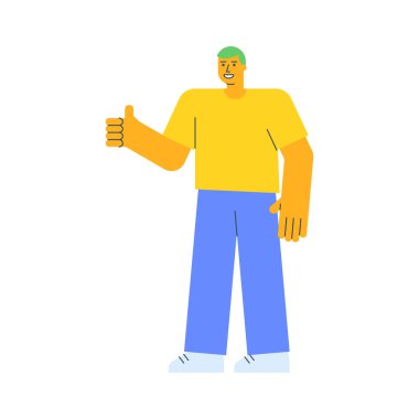 Genç adam başparmağını kaldırıyor ve gülümsüyor. Vektör İllüstrasyonu