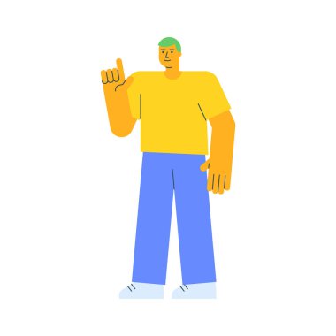 Genç adam parmağını kaldırdı ve gülümsedi. Vektör İllüstrasyonu