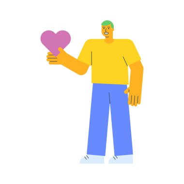 Genç adam kalbi tutuyor ve gülümsüyor. Vektör İllüstrasyonu