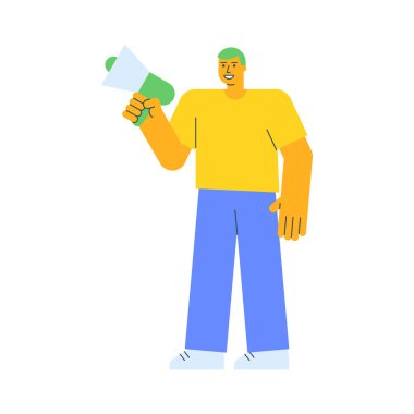 Elinde megafon tutan ve gülümseyen genç adam. Vektör İllüstrasyonu