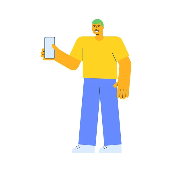 Jeune Homme Tenant Smartphone Souriant Illustration Vectorielle Graphismes Vectoriels