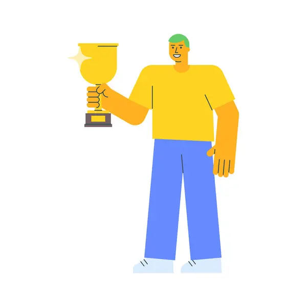 Young Guy Holding Golden Cup Smiling Vector Illustration — Stock Vector