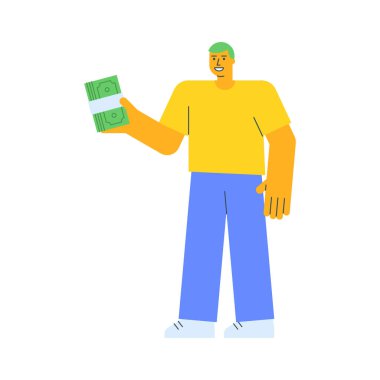 Elinde tomar tomar para tutan ve gülümseyen genç adam. Vektör İllüstrasyonu