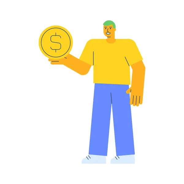 Молодий Хлопець Тримає Монету Знаком Долара Посміхається Векторна Ілюстрація Векторна Графіка