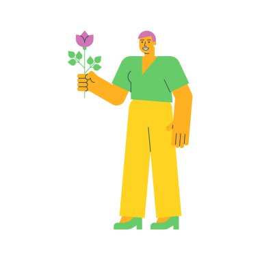 Çiçek tutan ve gülümseyen genç bir kadın. Vektör İllüstrasyonu