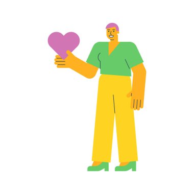 Kalbini tutan ve gülümseyen genç bir kadın. Vektör İllüstrasyonu