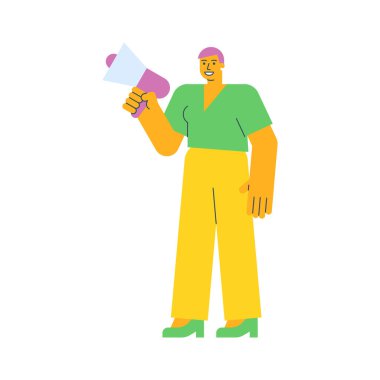 Megafon tutan ve gülümseyen genç bir kadın.