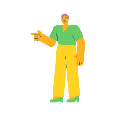 Genç bir kadın işaret ediyor ve gülümsüyor. Vektör İllüstrasyonu