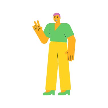 Genç kadın iki parmağını gösteriyor ve gülümsüyor. Vektör İllüstrasyonu