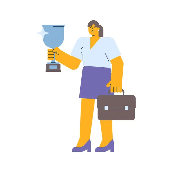 Femeie Afaceri Care Deține Ceașcă Argint Valiză Ilustrație Vectorială — Vector de stoc