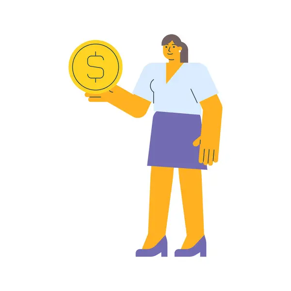 Бізнес Леді Тримає Монету Знаком Долара Посміхається Векторна Ілюстрація Стоковий вектор