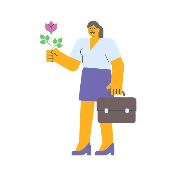 Geschäftsfrau Mit Blumen Und Koffer Vektorillustration Stockvektor