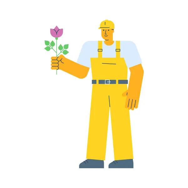 Builder Holding Flower Smiling Vector Illustration — Stock Vector