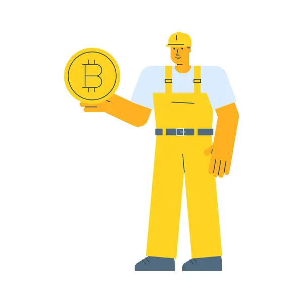 Builder Κρατώντας Κέρμα Bitcoin Υπογράψει Και Χαμογελώντας Εικονογράφηση Διανύσματος Διανυσματικά Γραφικά