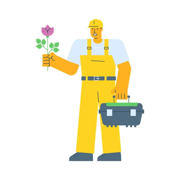 Builder Κρατώντας Λουλούδι Και Κρατώντας Βαλίτσα Εικονογράφηση Διανύσματος Royalty Free Διανύσματα Αρχείου