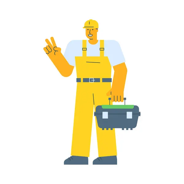 Builder Shows Two Fingers Gesture Holding Suitcase Vector Illustration Royalty Free Stock Illustrations