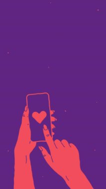 Kalp ikonlu akıllı telefonu tutan kadın eller. Soyut arkaplan. Döngülü canlandırma